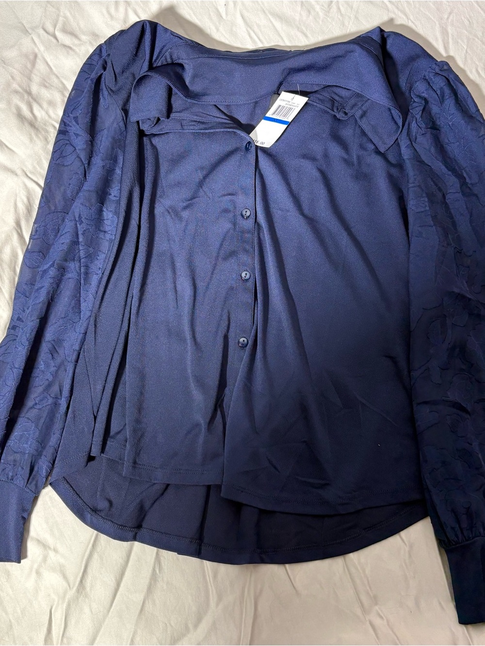 Cable & Gauge Navy Blue Blouse with Lace Sleeves